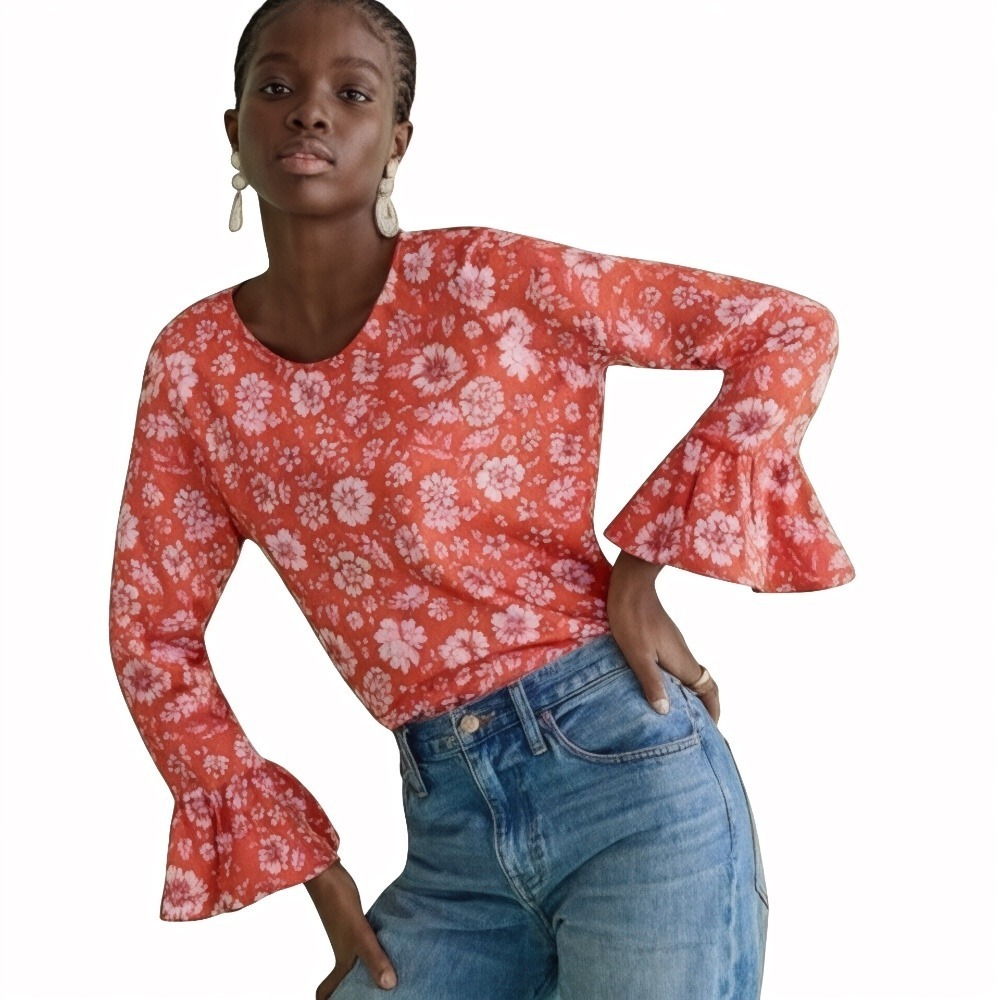 J. Crew Winter‎ Garden Top in Poppy Fields Sz M Floral Bell Long Sleeve Preppy